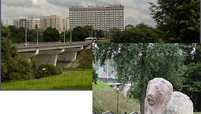 Здание гостиницы «Могилев» в г.Могилёве. Установленная рядом с ним в августе 2016 года гранитнаяскульптура "Маска льва". Автор скульптуры — Владимир Кононов